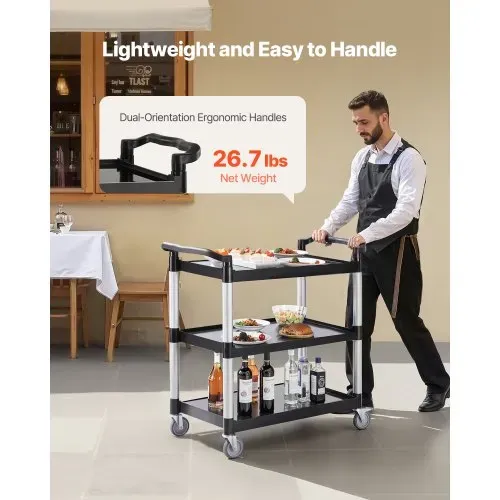 VEVOR Mehrzweckwagen, 226 kg Tragkraft, 3-stufiger Universalwagen aus Kunststoff mit 360° Schwenkrädern (2 mit Bremse), 106x49x98 cm großer Servierwagen für Lager, Büro, Zuhause, Restaurant, Küche – Bild 4