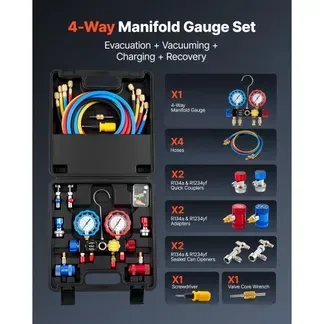 VEVOR AC Klimaanlagen-Manometer-Set für R134a/R404A/R1234yf/R22 Kältemittel, 4-Wege-Manometer mit 1,5-m-Schläuchen & Adaptern & Schnellkupplungen & Dosenanschlüssen Geeignet für Kfz-Klimaanlagen VEVOR AC Klimaanlagen-Manometer-Set für R134a/R404A/R1234yf/R22 Kältemittel, 4-Wege-Manometer mit 1,5-m-Schläuchen & Adaptern & Schnellkupplungen & Dosenanschlüssen Geeignet für Kfz-Klimaanlagen