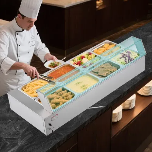 VEVOR kommerzieller Speisenwärmer (8 x 1/2 Größe Behälter), 1,7 kW elektrischer Wärmebehälter aus Edelstahl mit Glasabdeckung & Suppenkelle, Chafing Dishes für Catering Restaurant Party – Bild 7