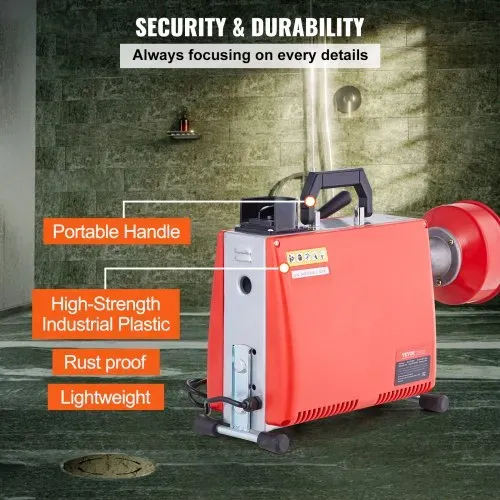 VEVOR Rohrreinigungsmaschine, 66 Fuß x 5/8 Zoll, 250 W elektrische Rohrreinigungsmaschine mit manueller Zuführung – mit 7 Schneidern, 2 Stahlkabeln (66' x 5/8" und 15' x 3/8") und CW/CCW-Steuerung für 1,6" bis 4" Rohre – Bild 5