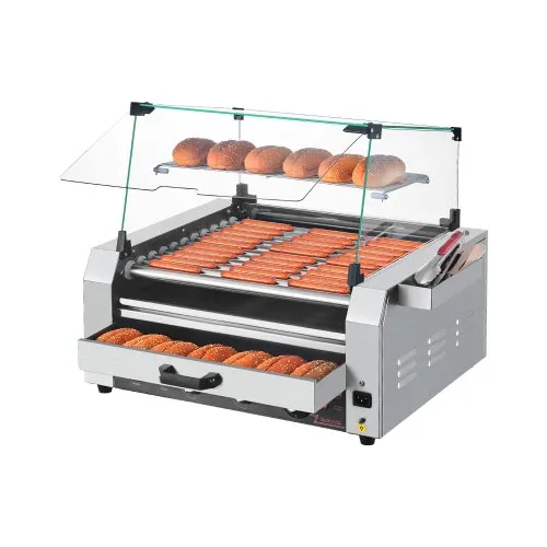 VEVOR Hot Dog Grill Maschine 30 Hot dogs 11 Rollen Edelstahl, 2400 W, Elektrogrill mit Brötchenwärmer & Abdeckung (Glas + PC) & 3 Temperaturregler & seitlicher Aufbewahrungsbox & Ölauffangschale VEVOR Hot Dog Grill Maschine 30 Hot dogs 11 Rollen Edelstahl, 2400 W, Elektrogrill mit Brötchenwärmer & Abdeckung (Glas + PC) & 3 Temperaturregler & seitlicher Aufbewahrungsbox & Ölauffangschale