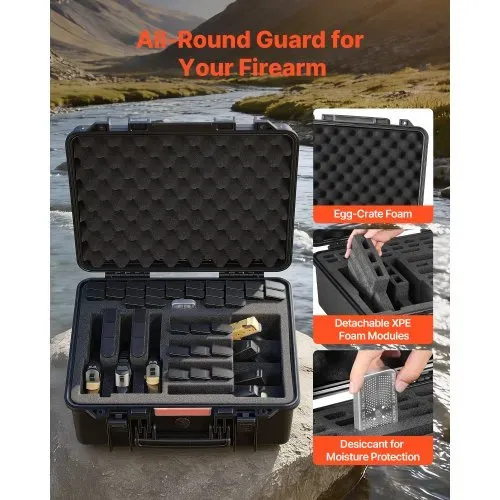 VEVOR Hartschalenkoffer für 7 Pistolen, Pistolenkoffer mit XPE-Schaumstoffeinlage 491x434x211 mm, Wasserdichter Kurzwaffenkoffer mit Anpassbarem Innenraum & Tragegriff, für Pistole Objektive Kamera – Bild 4