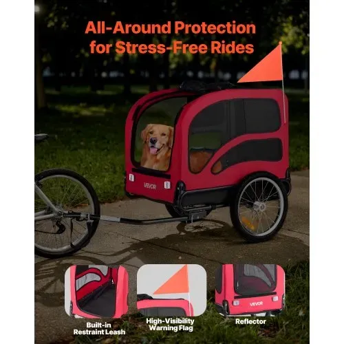 VEVOR Hundeanhänger, bis zu 45 kg , Haustierwagen-Fahrradträger für kleine & große Hunde, klappbarer Rahmen mit Rädern, universelle Fahrradkupplung, inkl. Flagge, interne Leine, 1350x720x840 mm – Bild 4