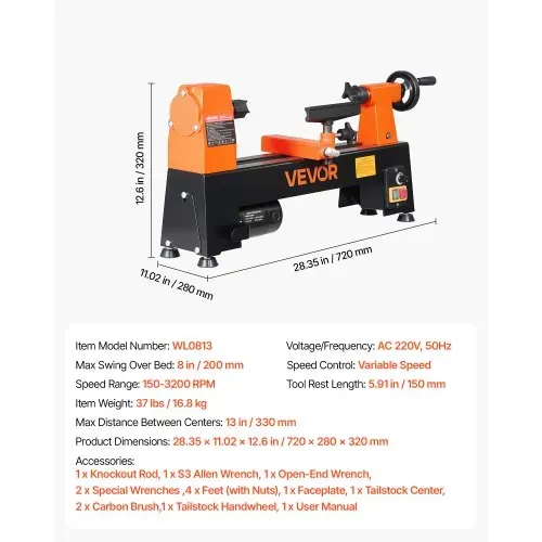 VEVOR Drechselbank 20 x 33 cm 1/3 PS Tischdrehbank für Weich- und Hartholz, Anfänger und Hobbybastler, mit Variabler Drehzahl (150 bis 3200 U/min), Überstromschutz und Zubehörset für Holzarbeiten – Bild 6