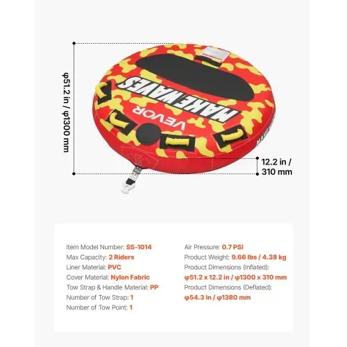 VEVOR Towable Tube für Boote, Wassersport-Schleppreifen für 2 Personen, bis 154 kg Tragfähigkeit, mit Antirutschpolstern, Nylonhülle, Gepolsterten Griffen und Sicherheitsventil, für Seen, Flüsse, Rot – Bild 6