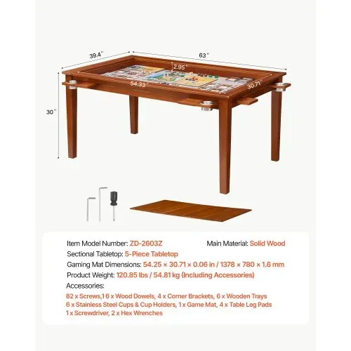 VEVOR Brettspieltisch 160x100x76cm 2-in-1 Spiel- & Esstisch 200kg Belastbar, Geräumig für 6 Spieler, Massivholz, mit Abnehmbaren Tischplatten Getränkehaltern Leder-Spielmatte & Ausziehbaren Tabletts – Bild 6