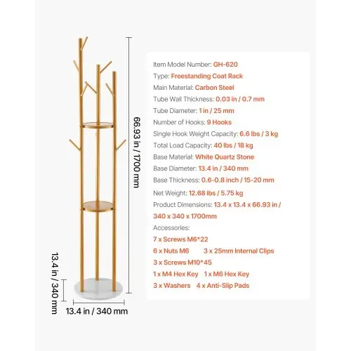 VEVOR Garderobenständer 340x340x1700 mm, Kleiderständer mit Quarzsteinsockel & 9 Haken, Jackenständer Baumform für Eingangsbereich, Büro, Wohnzimmer, Kleiderbügel für Mantel, Hut, Schal, Tasche – Bild 6