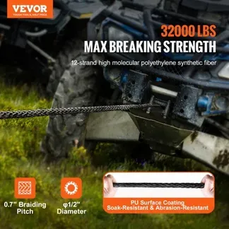 VEVOR synthetisches Windenseil, 12,7 mm x 28,04 m, 14,51 t synthetisches Windenleinen-Kabelseil mit Schutzhülle + geschmiedetem Windenhaken + Zugband, universell passend für SUV, großes Geländefahr VEVOR synthetisches Windenseil, 12,7 mm x 28,04 m, 14,51 t synthetisches Windenleinen-Kabelseil mit Schutzhülle + geschmiedetem Windenhaken + Zugband, universell passend für SUV, großes Geländefahr