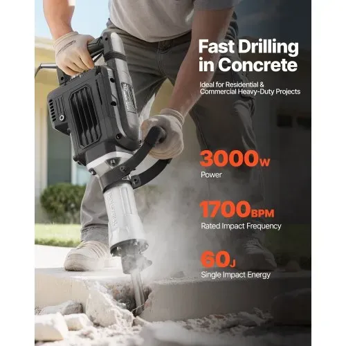 VEVOR Abbruchhammer 3000 W elektrischer Betonhammer, 1700 BPM Presslufthammer mit Spitzmeißel & Tragekoffer & Handschuhe & Schutzbrille, für Beton Wände Ziegel Fliesen Fundamente Schwarz VEVOR Abbruchhammer 3000 W elektrischer Betonhammer, 1700 BPM Presslufthammer mit Spitzmeißel & Tragekoffer & Handschuhe & Schutzbrille, für Beton Wände Ziegel Fliesen Fundamente Schwarz