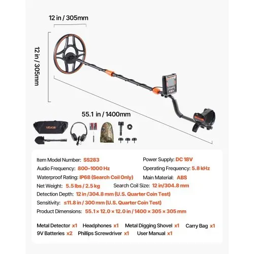 VEVOR Metalldetektor für Erwachsene, 304,8 mm, Profi Metallsuchgerät mit 6 Modi, Golddetektor, IP68 Wasserdichte Suchspule mit Display, Kopfhörer, Verstellbare Länge, zur Goldschatzsuche – Bild 6