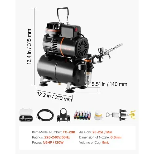 VEVOR Airbrush Set 1/6 PS mit Luftkompressor & Tank, 1 Dual Action Airbrush mit 1 Düse (0,3 mm) & Schlauch & Acrylfarbe )(24) & 2 Ventilatoren, für Kuchendekoration Modellmalerei Nagelkunst – Bild 6