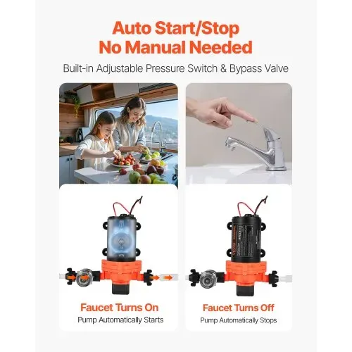 VEVOR Membranpumpe, 12 V DC, 15,1 L/min, selbstansaugende 3-Kammer-Membranwasserpumpe mit automatischem Druckschalter, 2,75 bar Druck, für Wohnmobil, Wohnwagen, Schiff, Yacht, Autowäsche – Bild 2