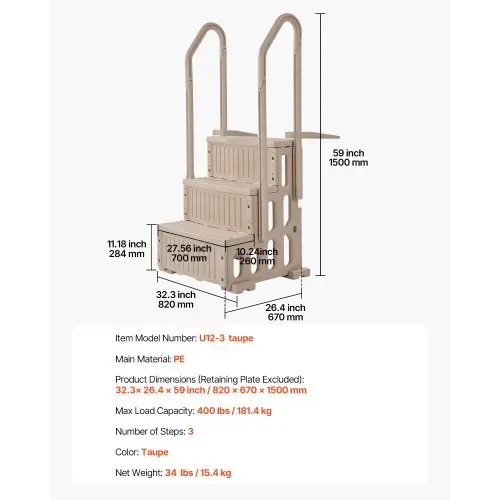 VEVOR Sicherheitsleiter, 3-stufige Treppe mit Doppelhandlauf und rutschfesten Hochleistungsstufen, max. Tragkraft 180 kg, für 91,4–121,9 cm große Einbau- & Aufstellpools mit jeder Terrassenoberfläche – Bild 6