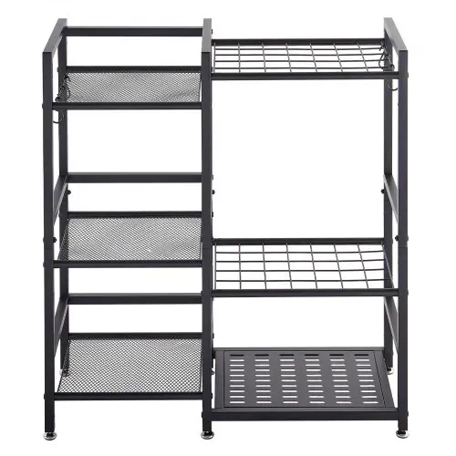 VEVOR Gartengeräte Ständer 740x300x805mm 3-Stöckiger Gerätehalter Schwarz, Aufbewahrungsregal für Garage Schuppen Garten & Outdoor, Organizer aus Stahl mit 3 Ablagefächern 6 Haken & Nivellierfüßen – Bild 8