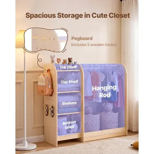 VEVOR Kinderkleiderschrank 120x40x106cm, Kindergarderobe mit Spiegel Kleiderstange Ablagen, Multiplexholz Verkleidungsschrank für Mädchen, Kinderschrank für Kostüme Dress-Up Schlafzimmer, Naturholz – Bild 2