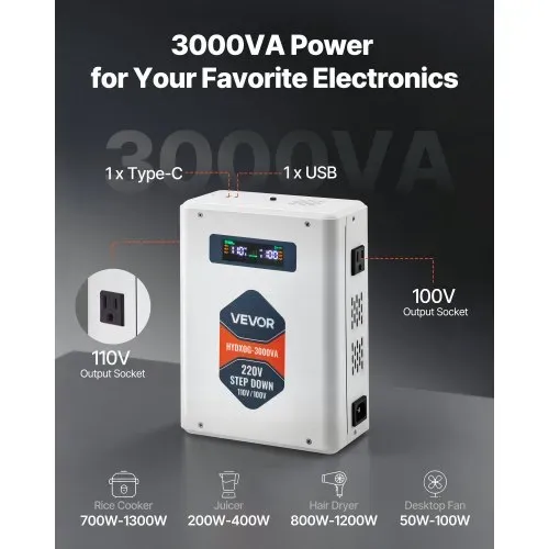 VEVOR Abwärtsspannungswandler Abwärts, 3000 VA, Hochleistungs-Konverter, 220 V auf 110 V Leistungstransformator, mit 2 US-Steckdosen, USB-Ausgang, LCD-Display, Temperaturschutz, für 110-V-Geräte VEVOR Abwärtsspannungswandler Abwärts, 3000 VA, Hochleistungs-Konverter, 220 V auf 110 V Leistungstransformator, mit 2 US-Steckdosen, USB-Ausgang, LCD-Display, Temperaturschutz, für 110-V-Geräte