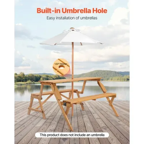 VEVOR 2 in 1 umwandelbarer & austauschbarer Picknicktisch, Outdoor-Tisch- und Bank-Set aus Holz, tragbare, faltbare Bank mit Loch für Schirm, Essmöbel für Garten, Hinterhof, Veranda (braun) – Bild 3