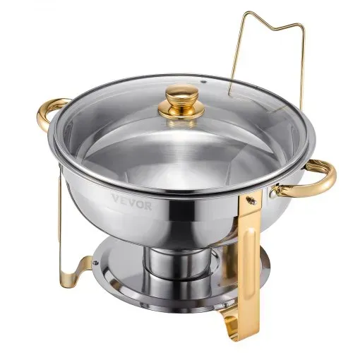 VEVOR Chafing Dish Buffet Speisenwärmer mit 4 Behältern in voller Größe (4,7 L), runder Catering-Wärmespender mit Glasdeckel & Wasserpfanne & klappbarer Ständer, für Hochzeiten Buffet Gold – Bild 9