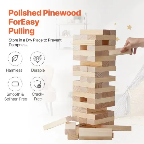 VEVOR Wackelturm mit 60 Blöcken & Anzeigetafel & Tragetasche, Tumbling Tower aus Kiefernholz, Holzturm Höhe bis 60 cm, Holzstapelspiel, Tumbling Tower-Familienspiele für drinnen/draußen Party – Bild 3