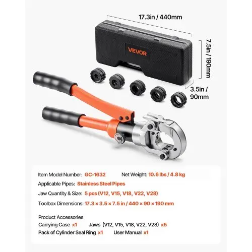 VEVOR Presszange Hydraulik V-Kontur, Rohrpresszange für Edelstahlrohr, Crimpzange mit Backen V12, V15, V18, V22, V28 & Tragekoffer, Presswerkzeug-Set für Sanitärreparaturen & -installationen – Bild 6