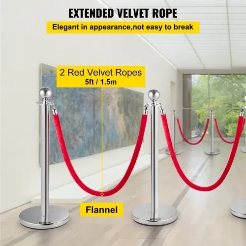 VEVOR Edelstahl Absperrpfosten Seil Abgrenzungsständer Kugelkopf 2 Rote Samtseile Silberne Säule 4 Packung Crowd Control Barriers – Bild 3