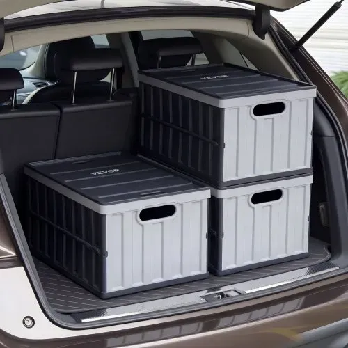 VEVOR Klappboxen 65 L 3er-Pack, Faltbare Aufbewahrungsboxen aus Kunststoff, Stapelbare Klappkörbe mit Deckel, Tragkraft 38 kg pro Box, Klappkisten, Ideal für Haushaltsorganisation, Grau & Schwarz – Bild 7