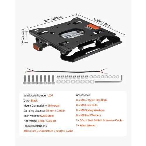 VEVOR Sitzfederungssatz 460x325x70 mm, universelle Luftfederung für Zero-Turn-Rasenmäher, einstellbares Traktor-Sitzfederungssatz, kompatibel mit Gabelstapler- und Bulldozersitz – Bild 6