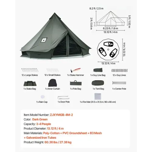 VEVOR Canvas-Glockenzelt, 4 m Jurte, 4 Jahreszeiten, mit Ofenrohrdurchführung, bis zu 4 Personen, mit Abnehmbarem Boden (Reißverschluss), ideal für Familien-Camping & Outdoor-Aktivitäten, Grün – Bild 6