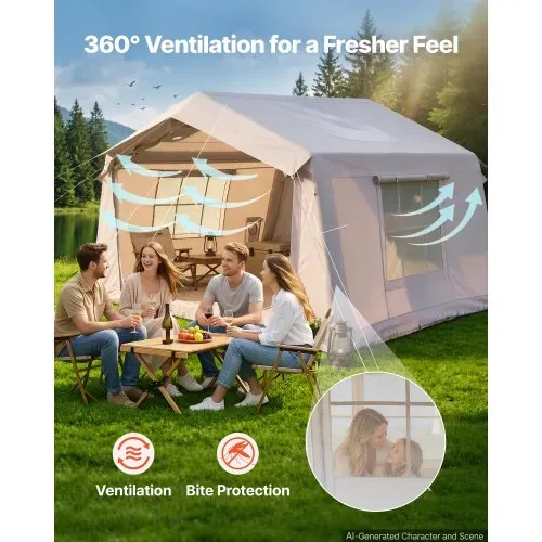 VEVOR Aufblasbares Zelt Glamping Luftzelt 3-5 Personen mit Pumpe Beige, für Outdoor-Aktivität Wasserabweisendes 420D Oxford-Gewebe Dachfenster Ofenrohrdurchführung Netzfenster & Tragetasche – Bild 4