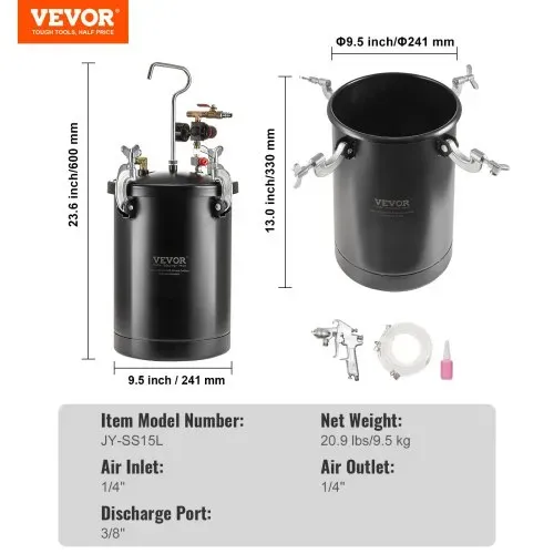 VEVOR Druckbehälter für Sprühfarbe, 15 L Druckbehälter, 60 psi einstellbarer Druck, Stahl-Druckbehälter-Farbbehälter mit Spritzpistole, Schläuchen, Druckmesser, für Heimdekoration, Industrielackierung – Bild 6