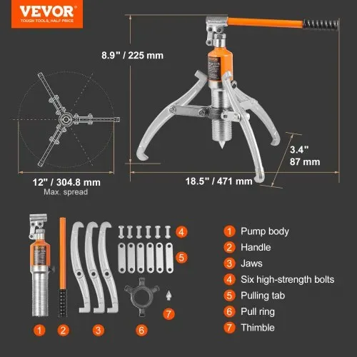 VEVOR Abzieher Werkzeug Lagerabzieher 15 t, Zweibacken & Dreibacken Kugellager Abzieher Innen Außen 304,8 mm Max. Spreizung, Parallelabzieher Lagerabzieher Set Kfz Abzieher Werkzeug Hydraulisch – Bild 6
