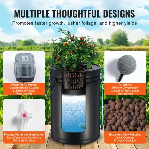 VEVOR DWC Hydroponics Grow System, Hydroponisches Anbausystem mit Top-Drip-Kit, Deep Water Culture 5-Gallonen-4-Eimer, mit Luftpumpe, Luftsteinen und Wasserstandsanzeige für Blattgemüse – Bild 2