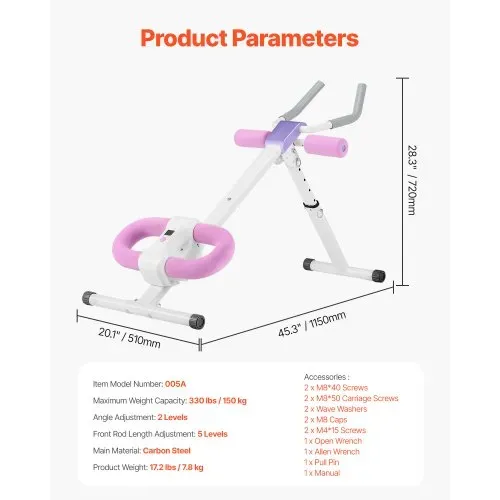 VEVOR Bauchmuskeltrainingsgerät Bauchtrainer AB-Maschine Fitnessstudio, Bauchtrainer 150 kg Gewichtskapazität, Bauchmuskeltrainer Krafttraining klappbares verstellbares Fitnessgerät Weiß + Rosa – Bild 6