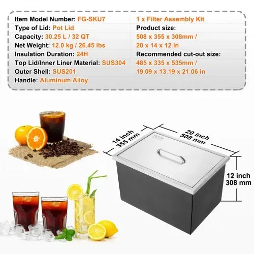 VEVOR Drop-in-Eisbox, 30,25 L Edelstahl-Eiskühler, 508 x 355 x 308 mm Kommerzieller Eisbehälter mit Abdeckung, Eingebaute Eisspeichertruhe, Abflussrohr und Ablassstopfen im Lieferumfang Enthalten – Bild 6
