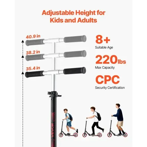 VEVOR Scooter (2 Räder) für Kinder ab 8 Jahren, Cityroller Straßenroller mit höhenverstellbarem Lenker & rutschfestem Deck & leichtem Rahmen, faltbarer Tretroller bis zu 100 kg, Schwarz + Rot VEVOR Scooter (2 Räder) für Kinder ab 8 Jahren, Cityroller Straßenroller mit höhenverstellbarem Lenker & rutschfestem Deck & leichtem Rahmen, faltbarer Tretroller bis zu 100 kg, Schwarz + Rot