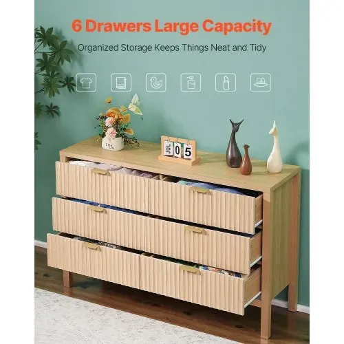 VEVOR Kommode mit 6 geriffelten Schubladen & Schiebe- und Kippschutz, minimalistischer moderner Schubladenschrank Organizer für Wohnzimmer Schlafzimmer Eingangsbereich Flur (helles Holz) – Bild 3