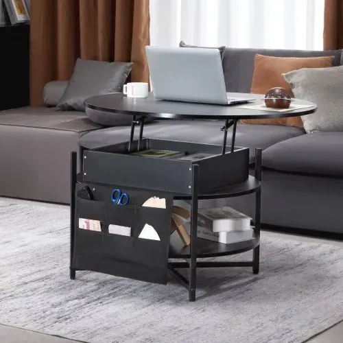 VEVOR Couchtisch mit anhebbarer Platte, 35,3 Zoll runder Couchtisch mit zusätzlichen Aufbewahrungstaschen, aufklappbarer Couchtisch für das Wohnzimmer, schwarz – Bild 7