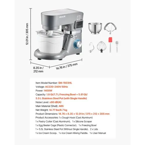VEVOR Eismaschine Eiscrememaschine 1,7 L Standmixer 6-Gang mit LED-Digitalanzeige & Timer & Rührpaddel & Knethaken & Spritzschutz, für DIY Gefrorener Joghurt, Frucht-Gelato Sorbet Grau 1400 W – Bild 6