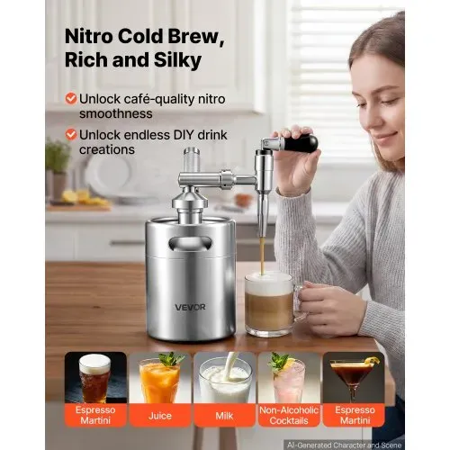 VEVOR Nitro-Cold-Brew-Kaffeefass 2 L, Edelstahl-Kaffeemaschine mit Zapfhahn, Heimbrüh-Kaffeefass, Tragbares Kaffeefass mit Spender und Druckentlastungsventil, Geeignet für Kaffeeliebhaber VEVOR Nitro-Cold-Brew-Kaffeefass 2 L, Edelstahl-Kaffeemaschine mit Zapfhahn, Heimbrüh-Kaffeefass, Tragbares Kaffeefass mit Spender und Druckentlastungsventil, Geeignet für Kaffeeliebhaber
