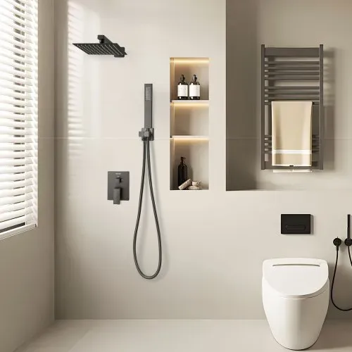 VEVOR Duscharmatur Regenduschsystem fürs Badezimmer Duschsystem mit 203 mm quadratischen Regenduschkopf & Handbrause, wandmontierte Badezimmerarmaturen mit Messingventil & Zierset, Mattscharz – Bild 7