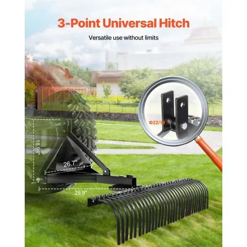 VEVOR Vertikutierer, 1525 mm Arbeitsbreite, Rasentraktor Rechen mit 32 robusten Stahlzinken, Traktor-kompatibler Dreipunkt-Gartenrechen, Rasenlüfter ideal für Bodenbearbeitung & Rasenpflege – Bild 2