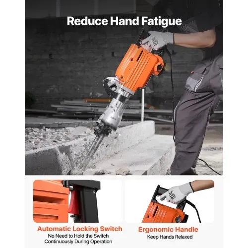 VEVOR Hochleistungs-Betonbrecher Abbruchhammer 2200 W, Elektroabbruchhammer, Bohrhammer Betonhammer Stemmhammer 1400 BPM, inkl. 6 Meißel Spitzmeißel, Flachmeißel, Schabemeißel für Schiefer, Beton usw. – Bild 5