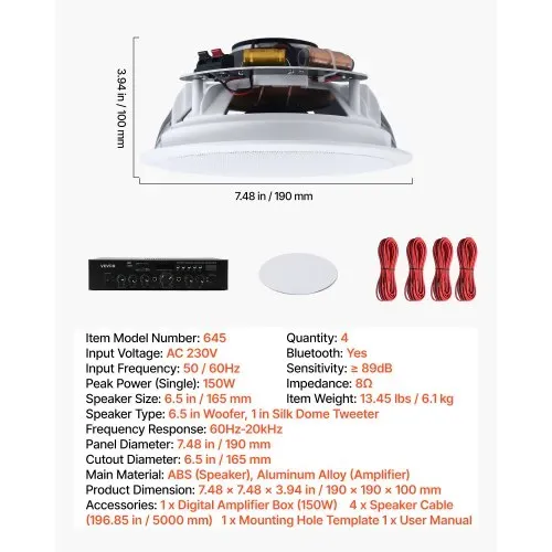 VEVOR 4 Einbaulautsprecher Bluetooth 165,1 mm, 2-Wege Lautsprecher mit Verstärker & 150 W Spitzenleistung, Kabelgebundene Deckenlautsprecher für Heimkino, Überdachte Terrasse & Flächenbündige Montage – Bild 6