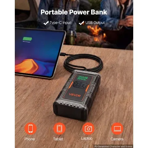 VEVOR Starthilfe Powerbank mit Luftkompressor 1600 A Spitzenleistung für 6,0-L-Benzin- / 3,0-L-Dieselmotoren, 150 psi Reifendruck, Automatische Abschaltung, 12-V-Ladegerät und LED-Taschenlampe – Bild 3