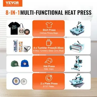 VEVOR Hitzepresse, 15 x 15 Zoll, 5-in-1-Wärmeübertragungsmaschine mit 30-oz-Tumbler-Presse, 360° wegschwenkbares T-Shirt-Pressen, digitale präzise Steuerung, für T-Shirts/Tassen/Hüte/Teller, grün VEVOR Hitzepresse, 15 x 15 Zoll, 5-in-1-Wärmeübertragungsmaschine mit 30-oz-Tumbler-Presse, 360° wegschwenkbares T-Shirt-Pressen, digitale präzise Steuerung, für T-Shirts/Tassen/Hüte/Teller, grün