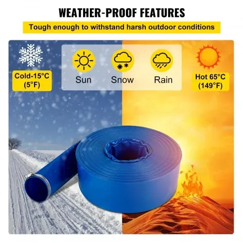 VEVOR Abflussschlauch, 51 mm x 32 m, PVC-Gewebe-Flachschlauch, robuster Rückspül-Ablaufschlauch mit Klemmen, wetterfest und platzsicher, ideal für Schwimmbad und Wassertransfer, blau – Bild 4