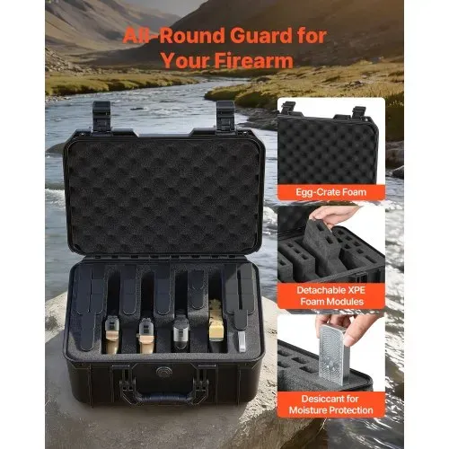 VEVOR Hartschalenkoffer für 4 Pistolen, Pistolenkoffer mit XPE-Schaumstoffeinlage 404x319x192 mm, Wasserdichter Kurzwaffenkoffer mit Anpassbarem Innenraum & Tragegriff, für Pistole Objektive Kamera – Bild 4
