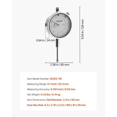 VEVOR Messuhr Imperial, 0,001 Zoll/0,03 mm Genauigkeit, 0–1 Zoll/0–25,4 mm Messbereich, gut lesbares großes Zifferblatt, professionell für Innendurchmessermessung, Rundlauferkennung, Ebenheitsprüfung – Bild 6