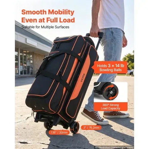 VEVOR Bowlingtasche mit Rollen für 3 Kugeln 600D Oxford Orange Schwarz, für Schuhe bis US-Größe 16 und Zubehör, mit Teleskopgriff (bis zu 1016 mm), Doppellagigen Ablagen und Verstärkten Nähten – Bild 2
