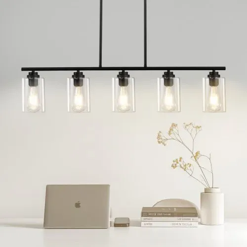 VEVOR 5-flammige Pendelleuchte für Kücheninseln, 60 W, verstellbare Esszimmerleuchte mit klarem Glaslampenschirm, 4 Stangen, 2 Metallketten, linearer Kronleuchter im Landhausstil – Bild 7
